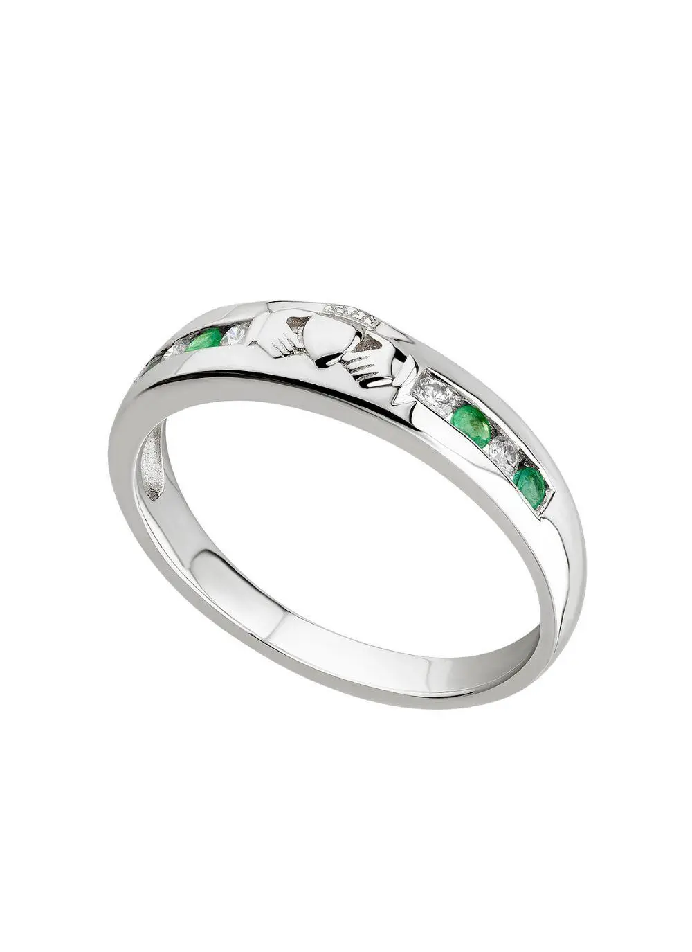 14ct White Gold & Diamond Claddagh Eternity Ring with Emerald